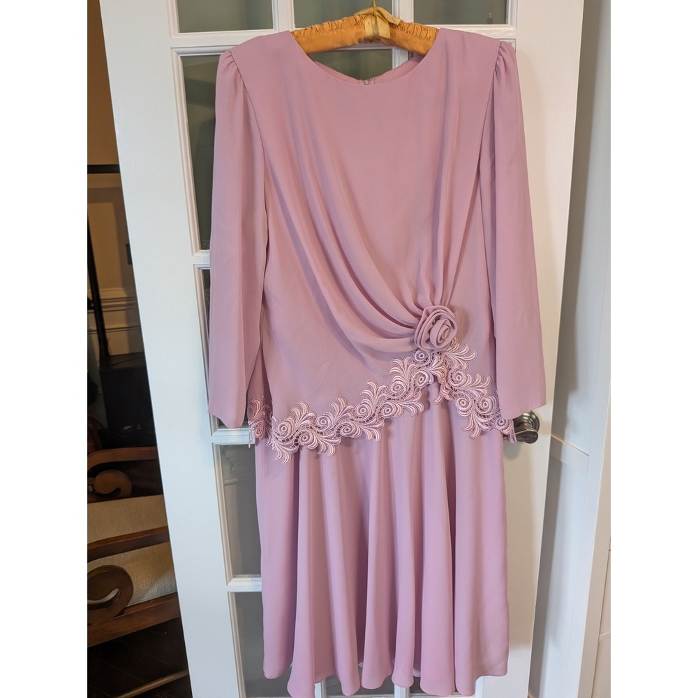 Vintage Miss Elliette Mauve Pink Lace Rosette Dress 20 Mother of the Bride 3914